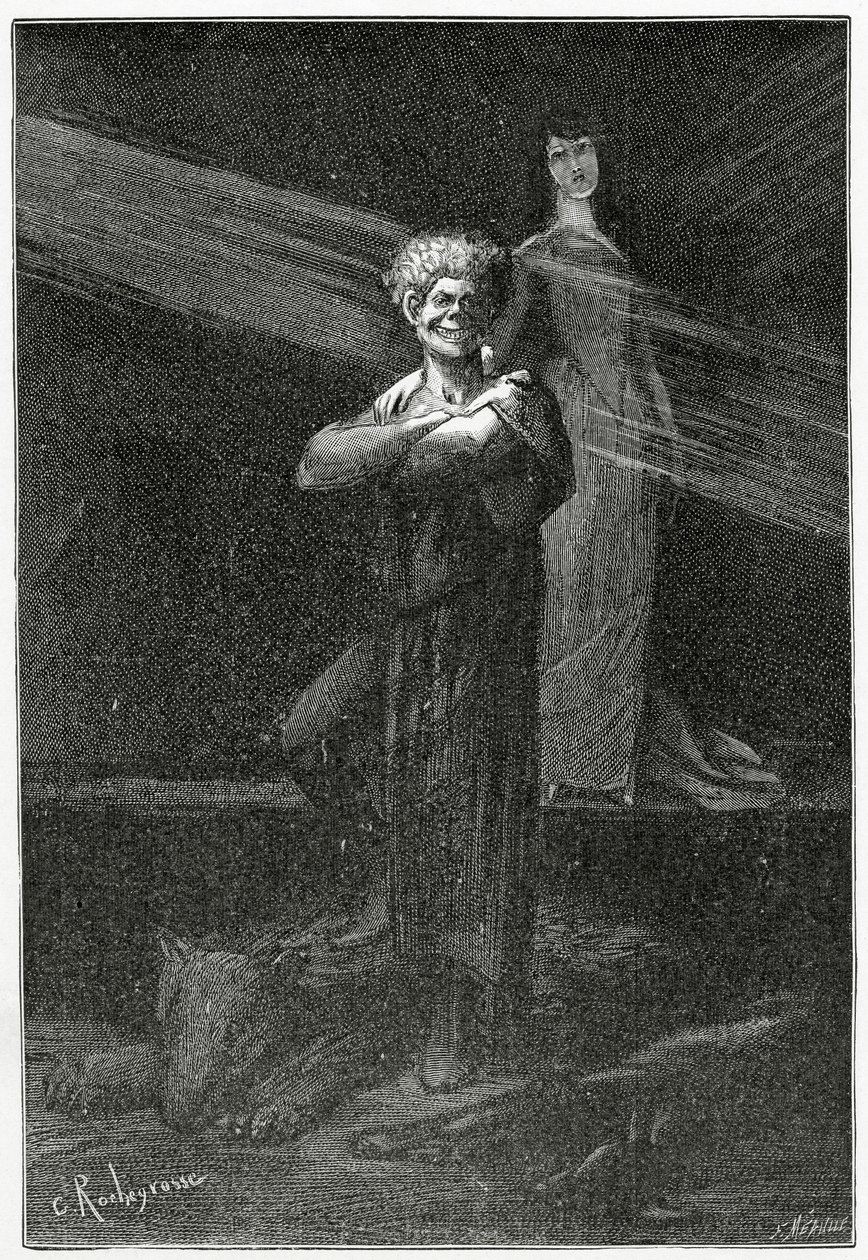 Chaos Vanquished - illustration fra The Laughing Man, 19th Century (bw-gravering) af Georges Marie Rochegrosse