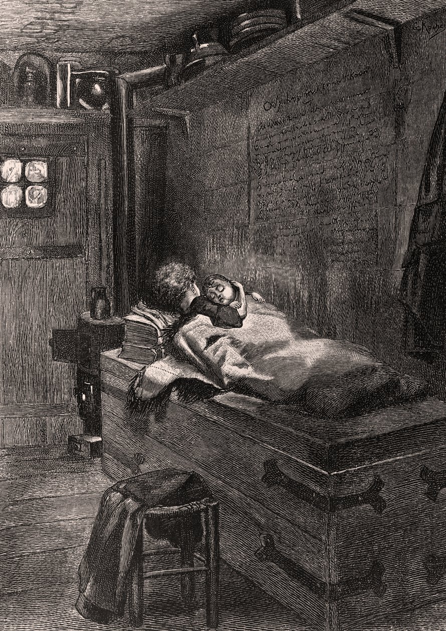 Gwynplaine og Dea sover på en kiste - illustration fra L
