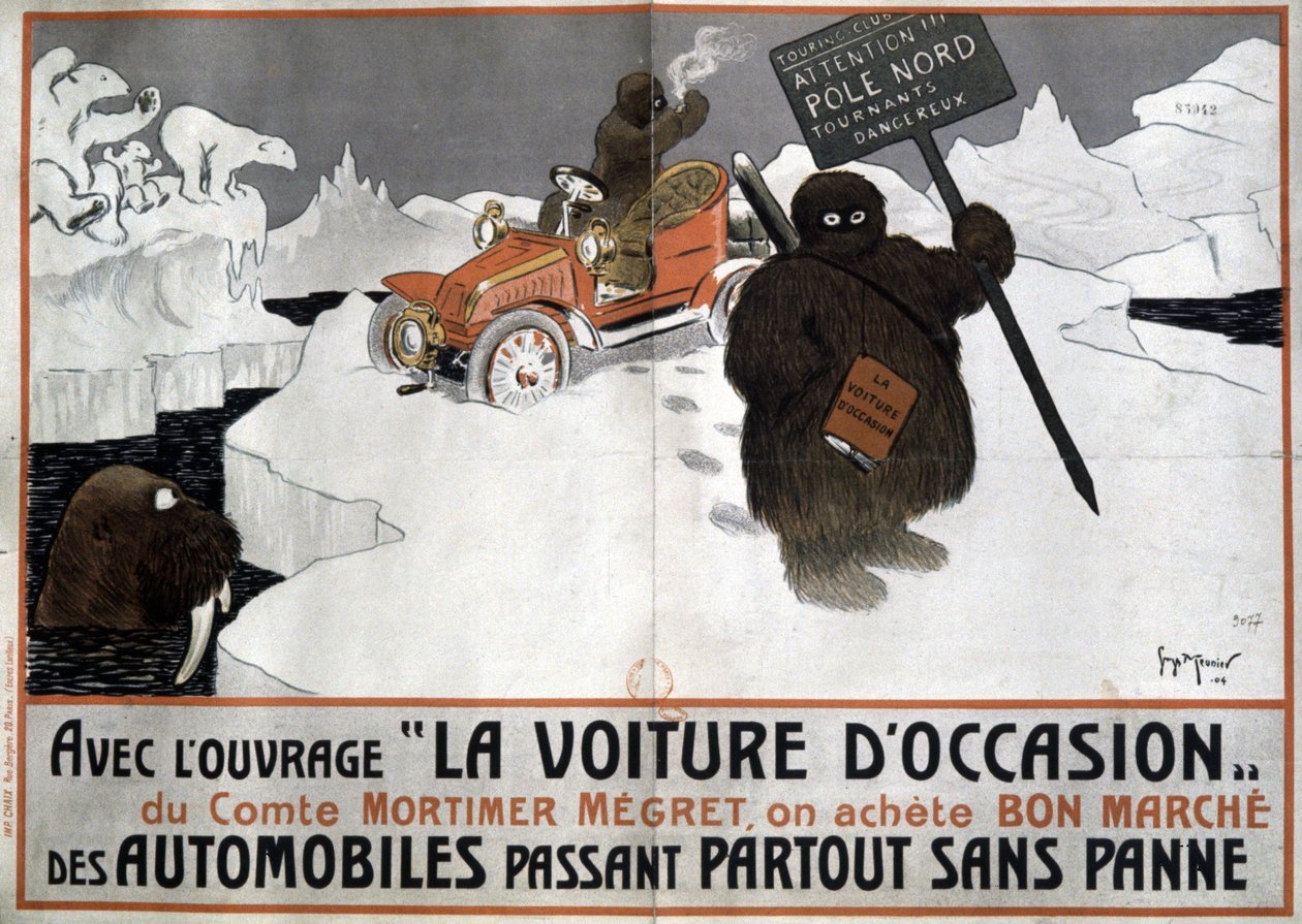 Annonce for bog af Mortimer Megret om køb af en brugt bil, 1904 af Georges Meunier