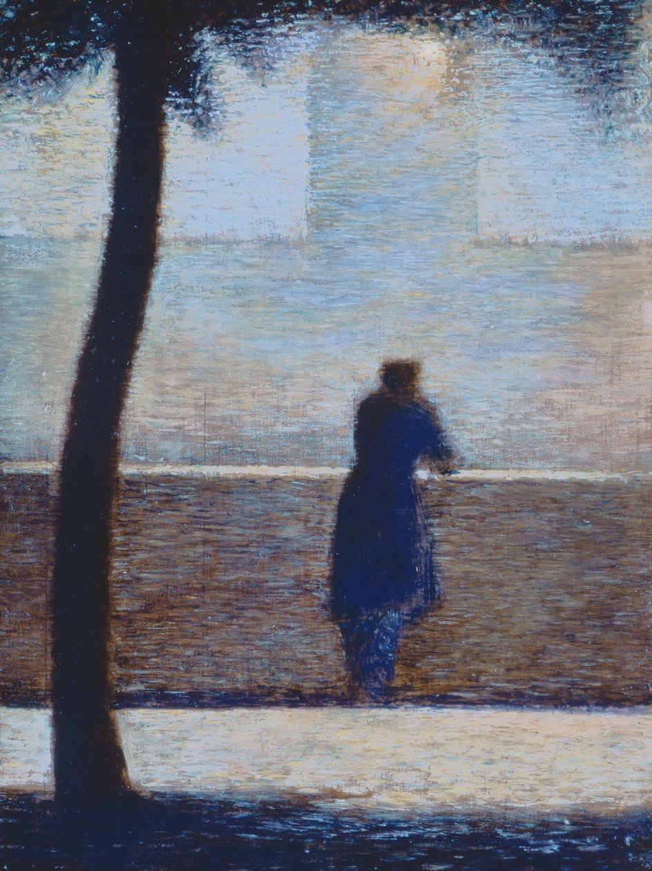 Mand læner sig op ad en brystning (olie på pap) af Georges Seurat