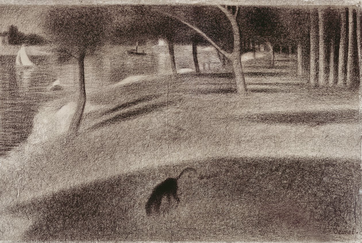 Studie til søndag eftermiddag på øen La Grande Jatte, ca. 1884 (conte farveblyant på papir) af Georges Seurat