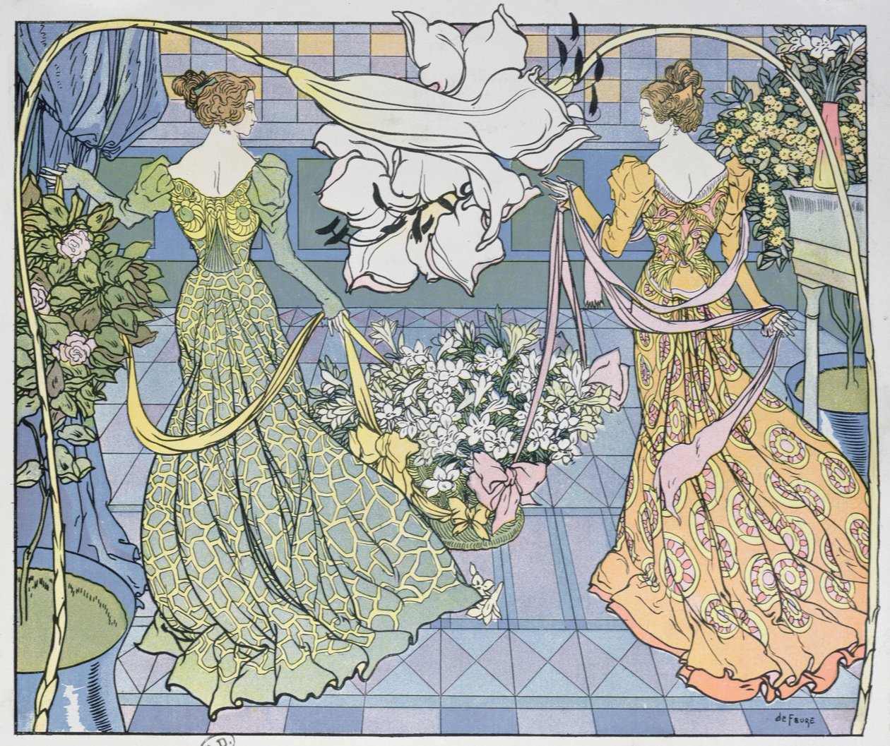 Kvinder omgivet af blomster, ca. 1900 (farvestik) af Georges de Feure