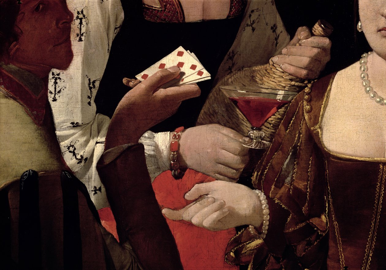 Snyden med rudernes es, detaljer om spillerne, ca. 1635-40 (detalje af 90053) af Georges de La Tour