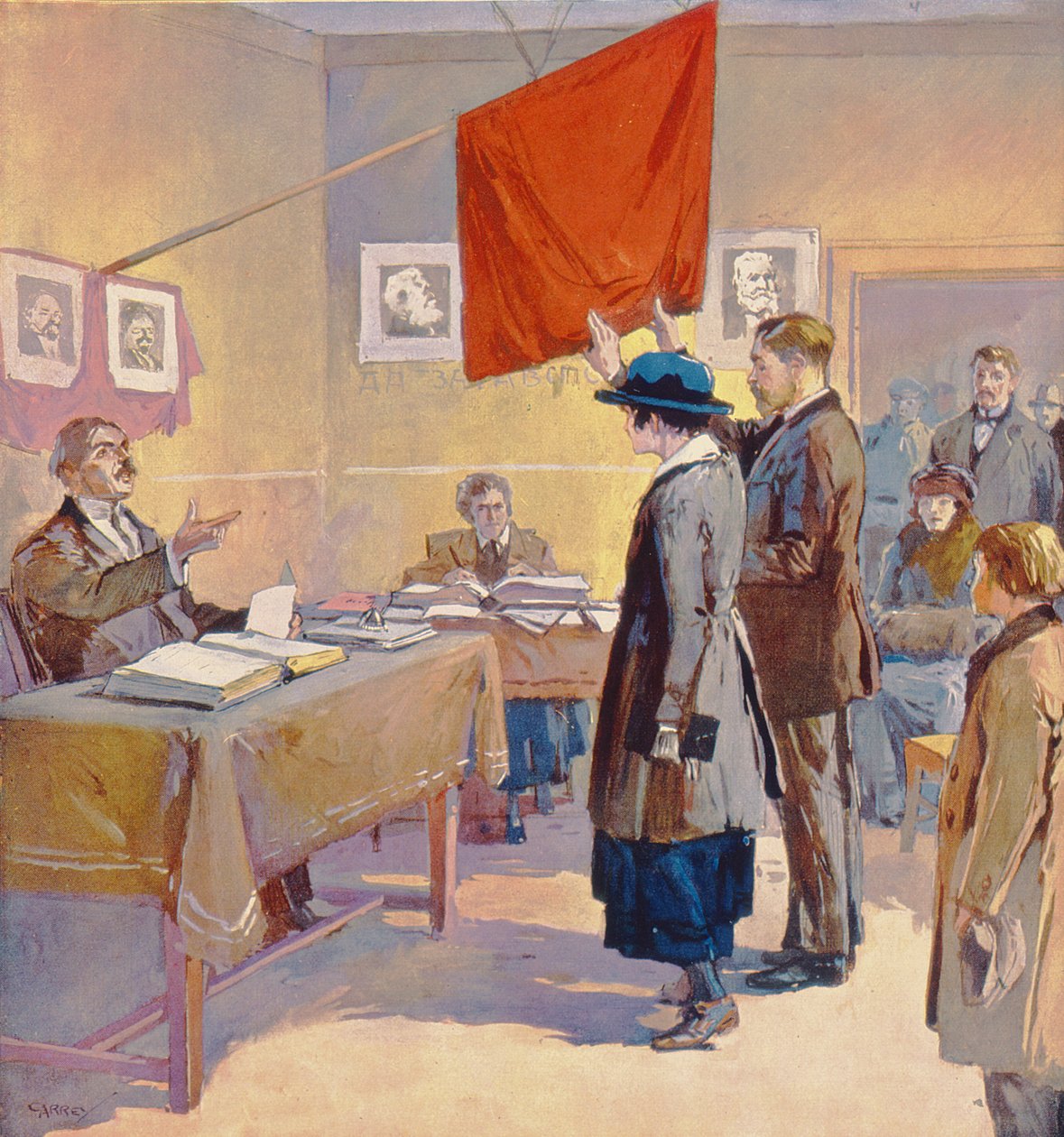 Et borgerligt ægteskab i Rusland på revolutionstidspunktet, ca. 1923 (farvelitografi) af Georges (after) Carrey