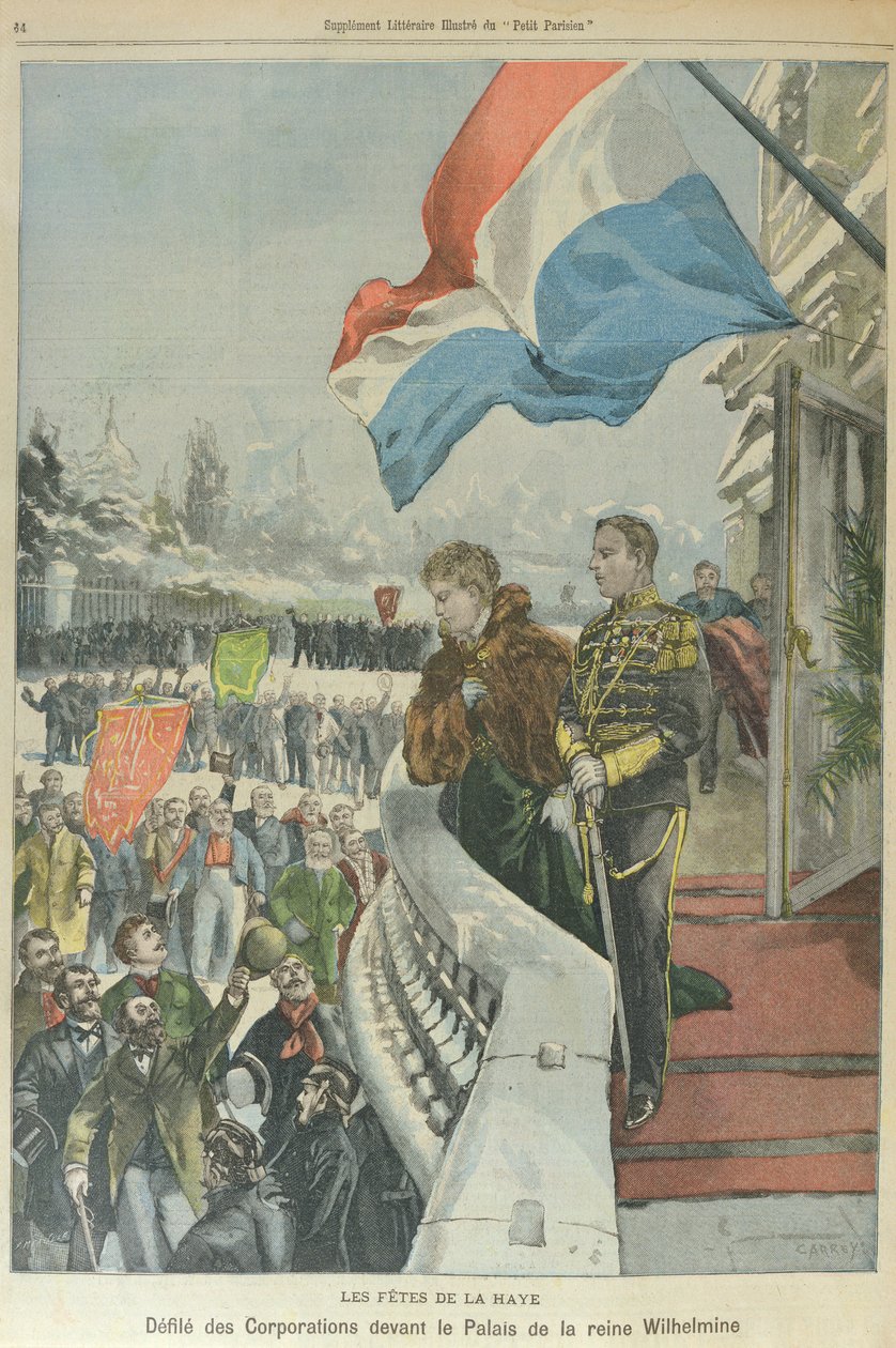 Procession af selskaber i Haag foran dronning Wilhelmina af Holland for at fejre hendes ægteskab med hertug Henrik af Mecklenburg, februar 1901 (farvelitografi) af Georges (after) Carrey