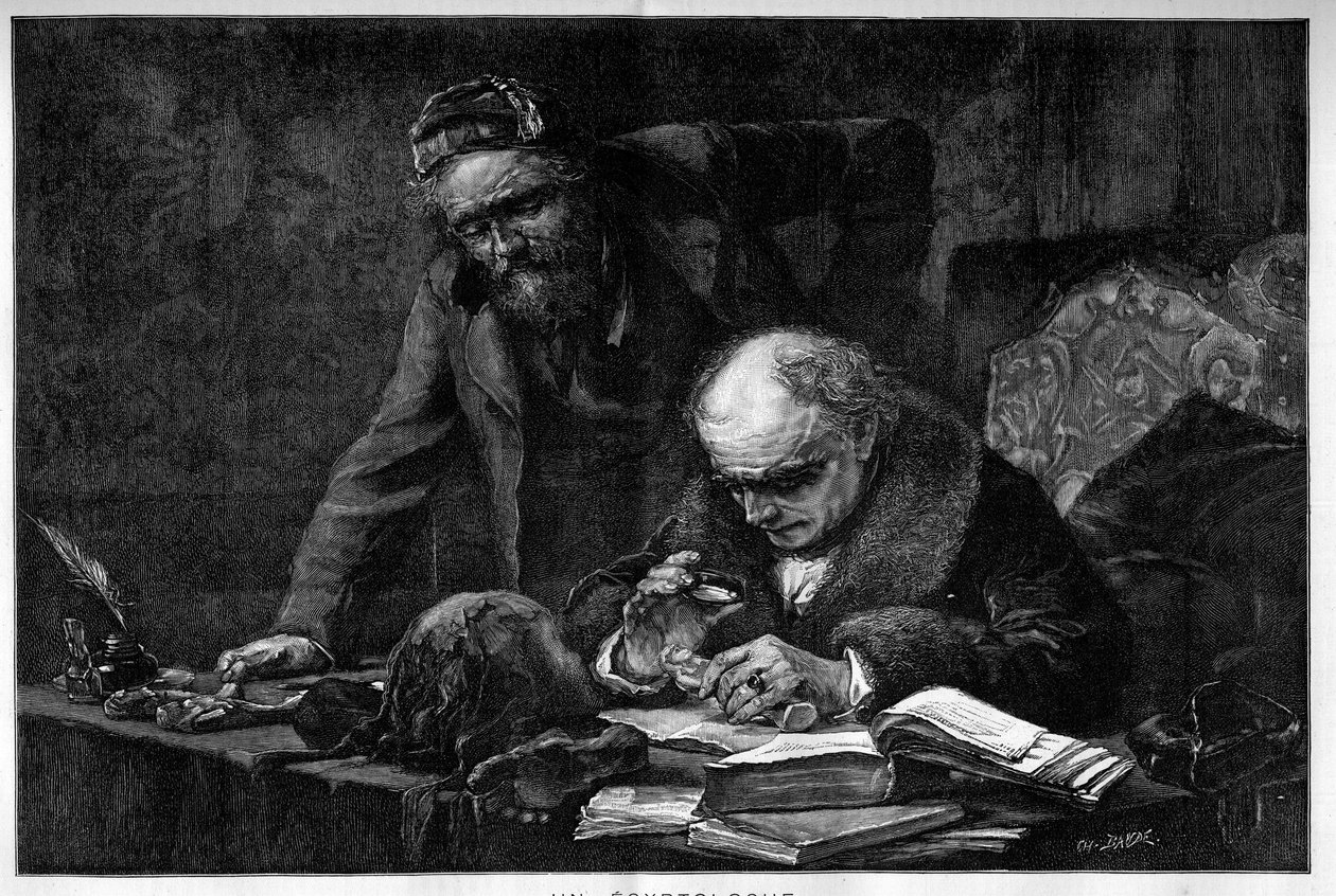 En egyptolog studerer et arkæologisk stykke fra Egypten på sit kontor. Gravering af Baude efter et maleri af Moreau de Tours. Gravering i "" Le Monde Illustré"" af Georges (after) Moreau de Tours