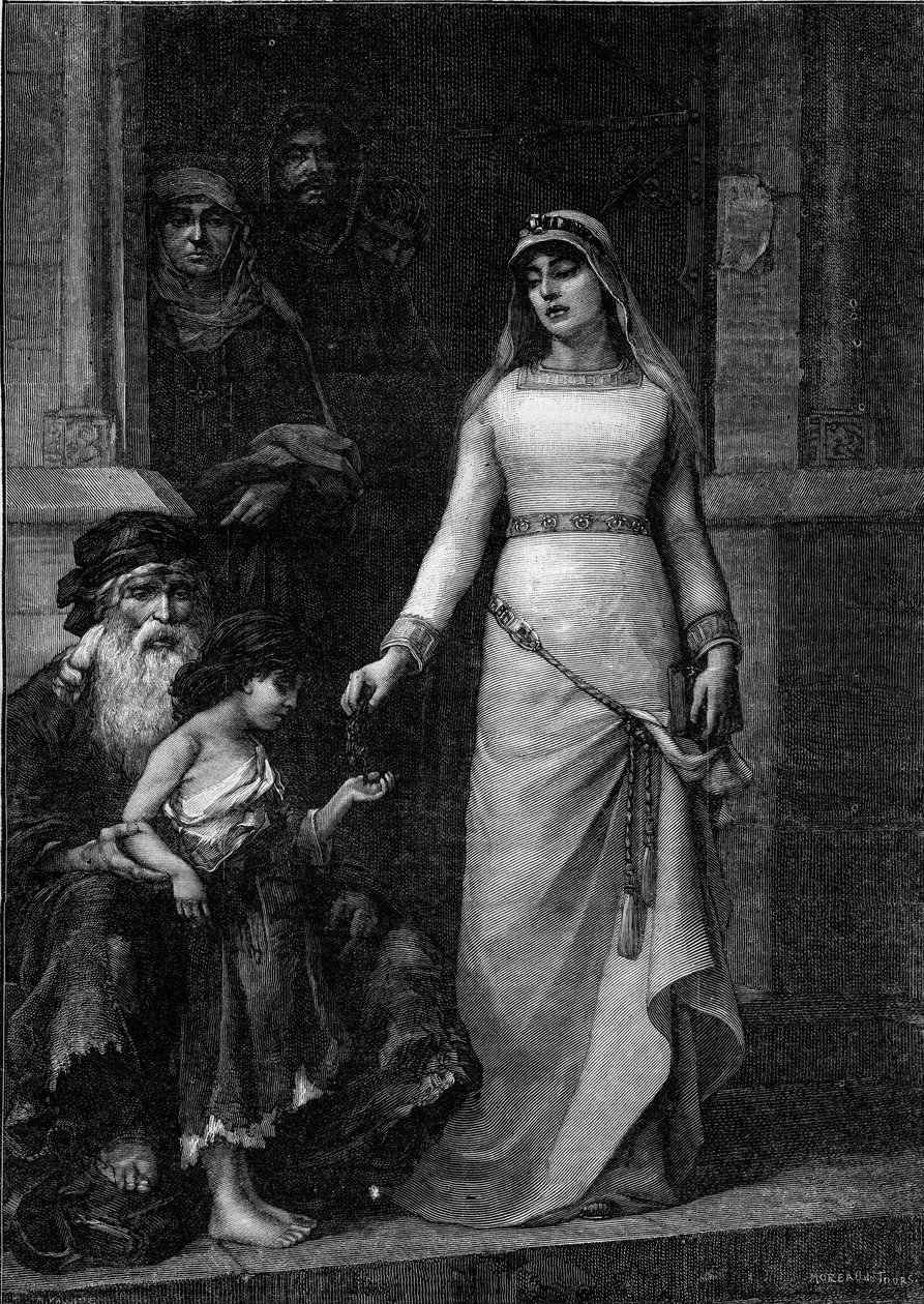 Blanche de Castille, dronning af Frankrig (1188 - 1252), med tilnavnet de fattiges kærlighed” (1879). Indgravering efter maleriet af Georges Moreau de Tours (1848-1901) i "" The Illustrous World"" nr. 1267 af 9. juli af Georges (after) Moreau de Tours