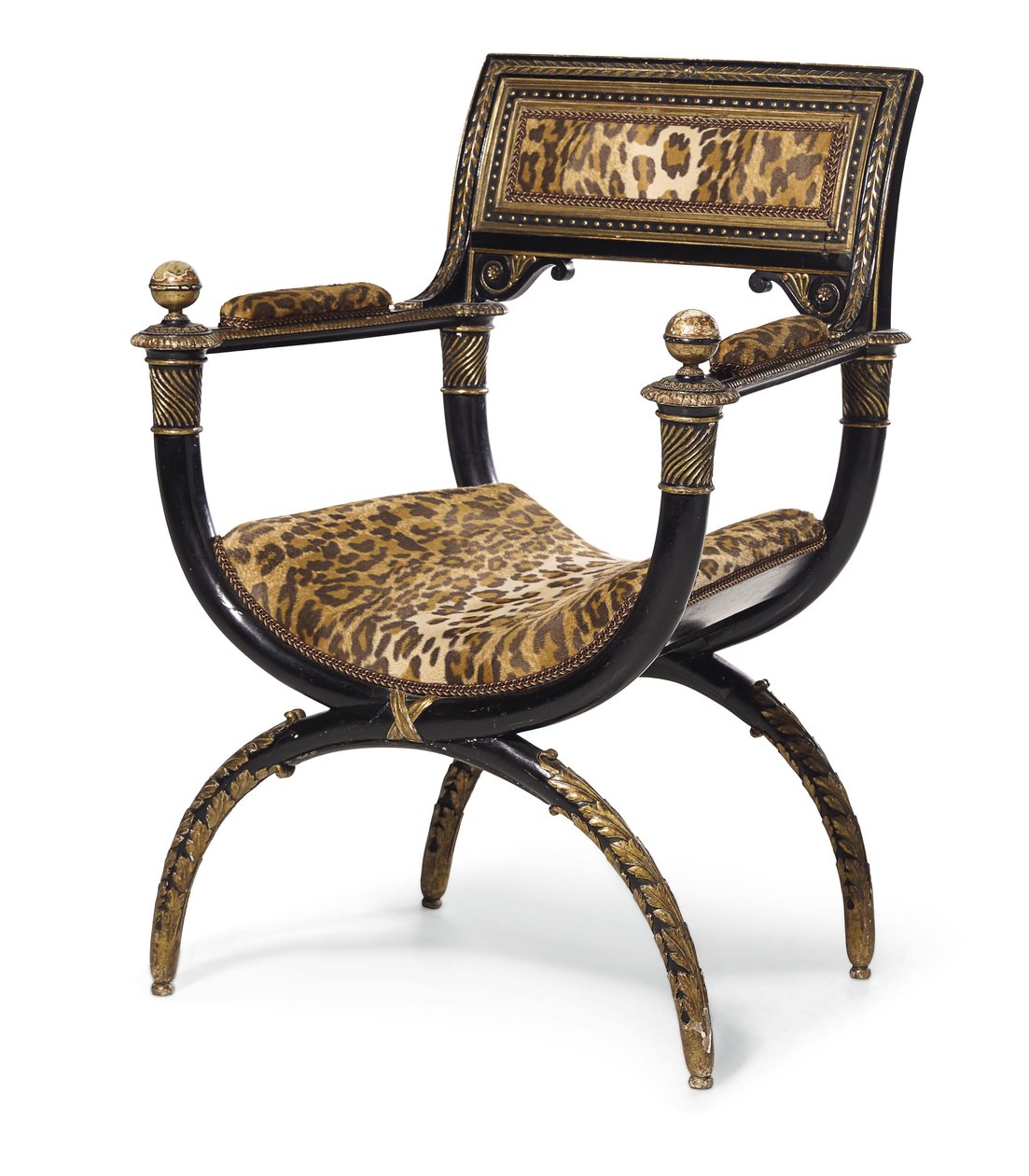 A Directory curule lænestol, ca. 1795 (eboniseret og forgyldt træ med leopardprint) af Georges (attr. to) Jacob