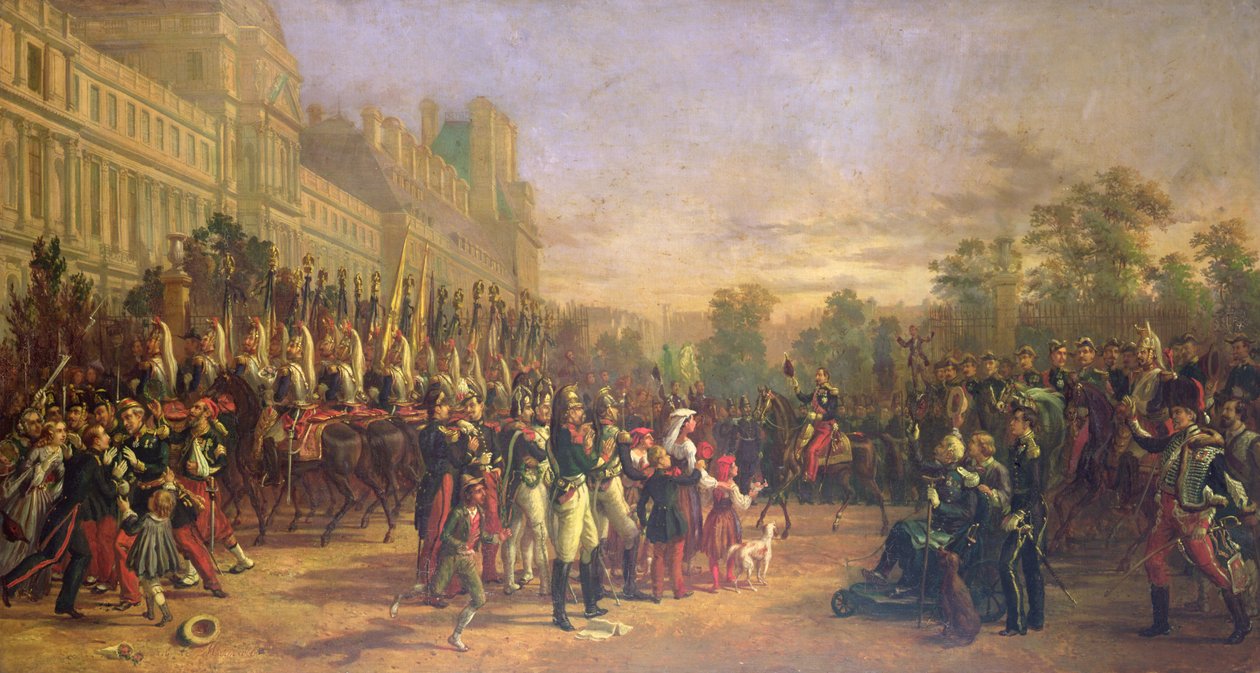 Ankomst til Tuilerierne af Napoleon III og hans tropper, der vender tilbage fra Italien i august 1859 (olie på lærred) af Georges Achille de Magrath