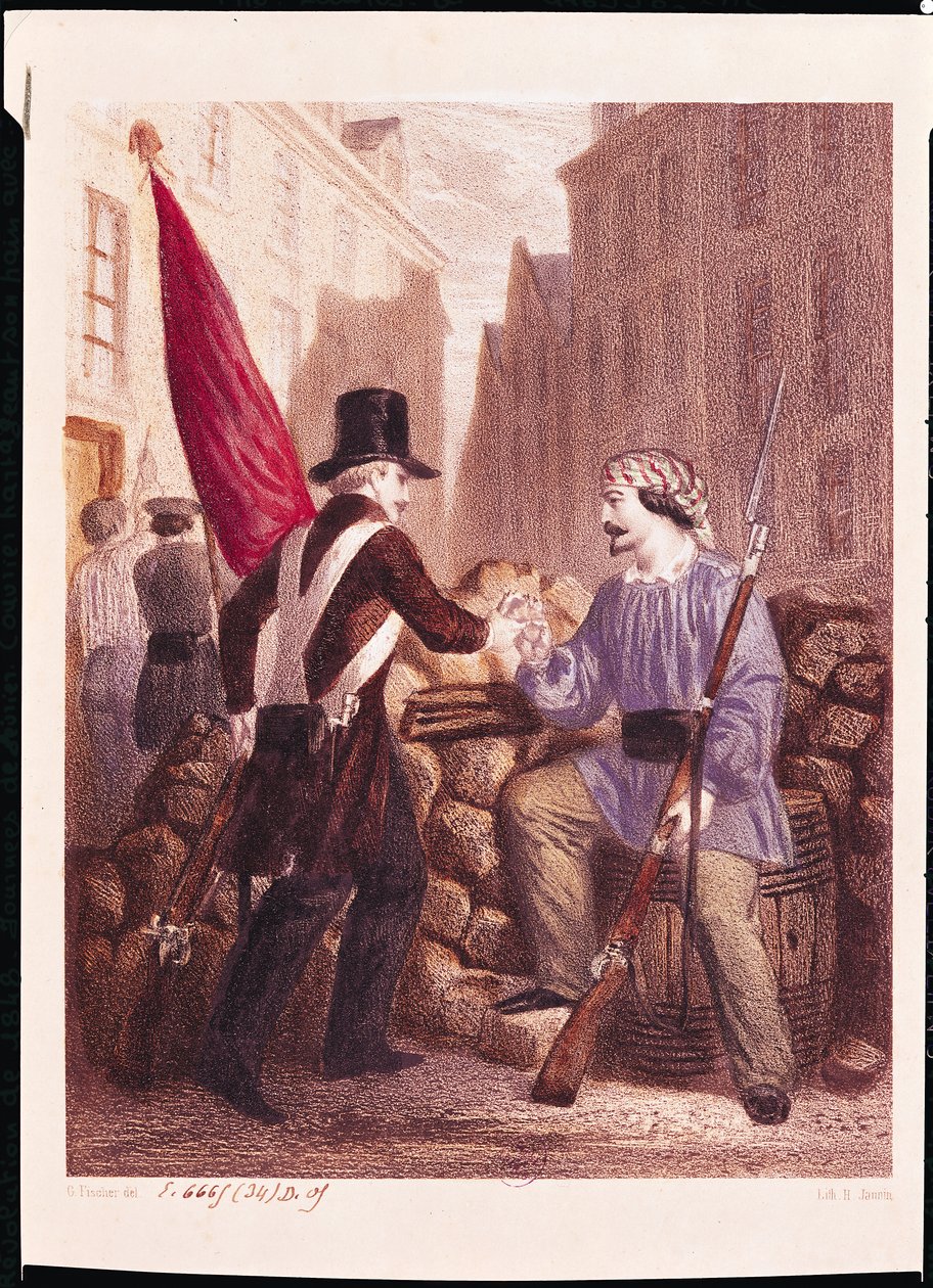 En arbejder, der deler sit brød med en elev, der bærer et rødt flag, fra 