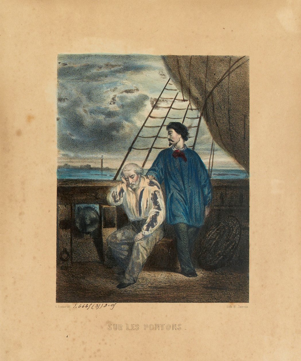 På Pontonen, indgraveret af H. Jannin, 1848 af Georges Alexandre after Fischer