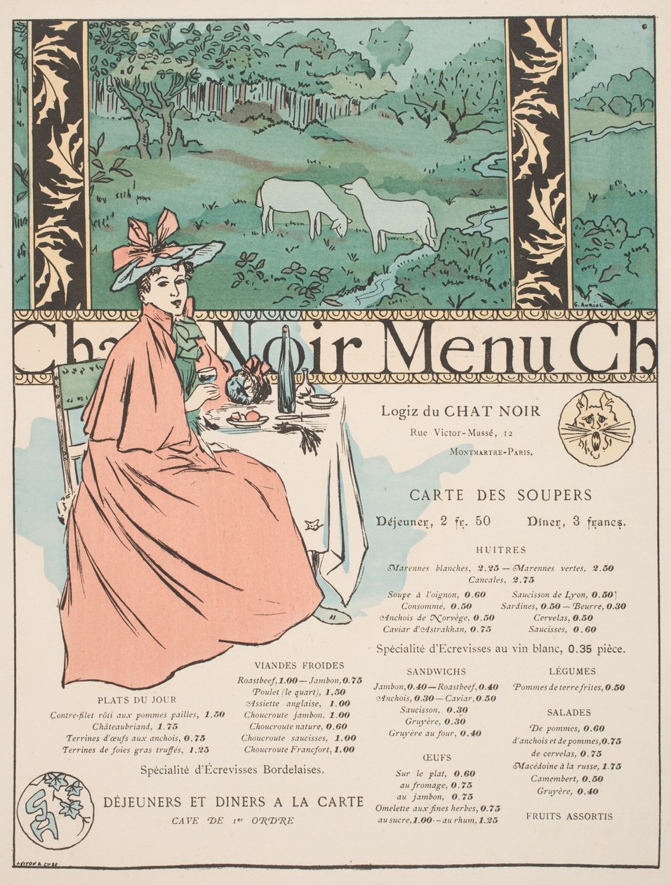Menu fra Chat Noir (farve litho & pochoir print) af Georges Auriol