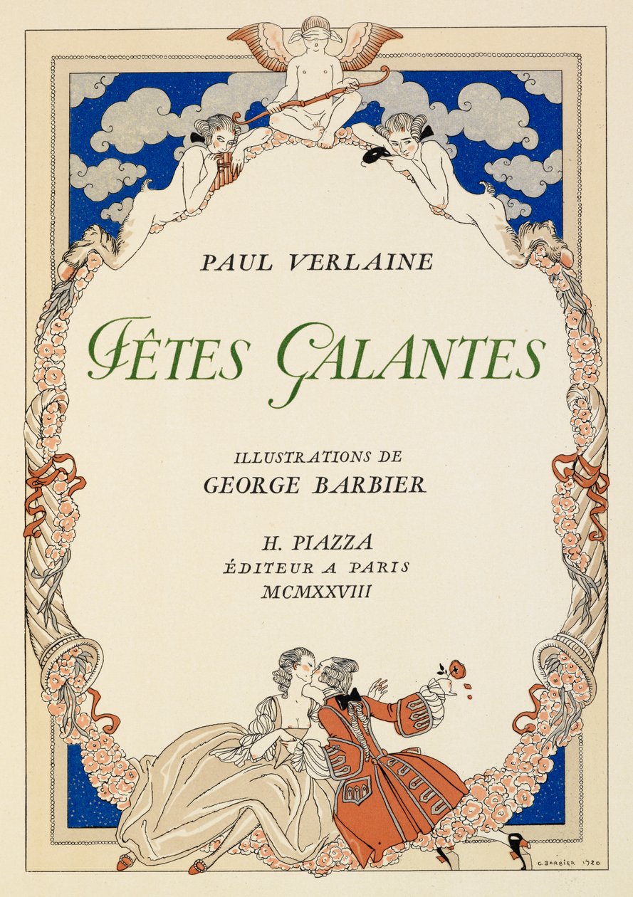 En mand og kvinde kysser. af Georges Barbier