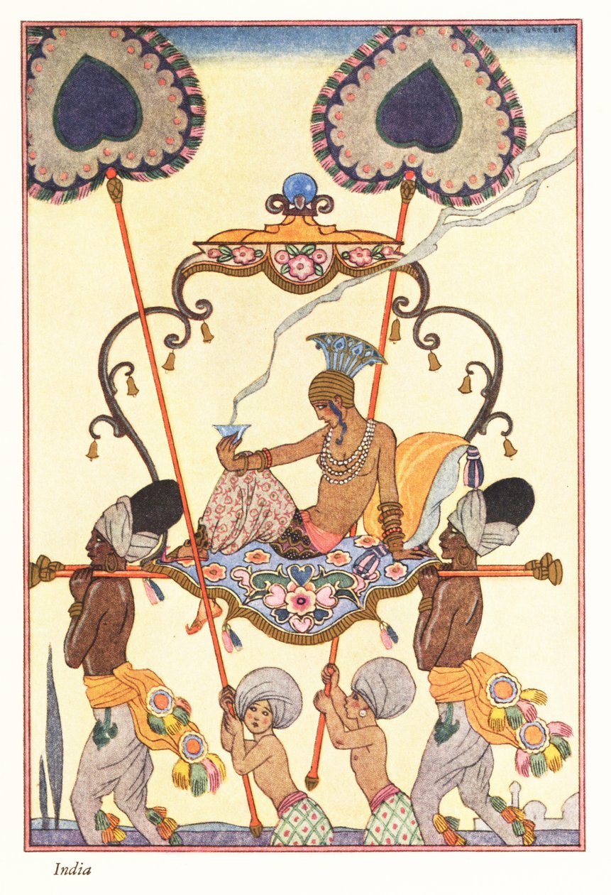 En adelig kvinde brænder røgelse i en palanquin, oldtidens Indien 1928 (tryk) af Georges Barbier