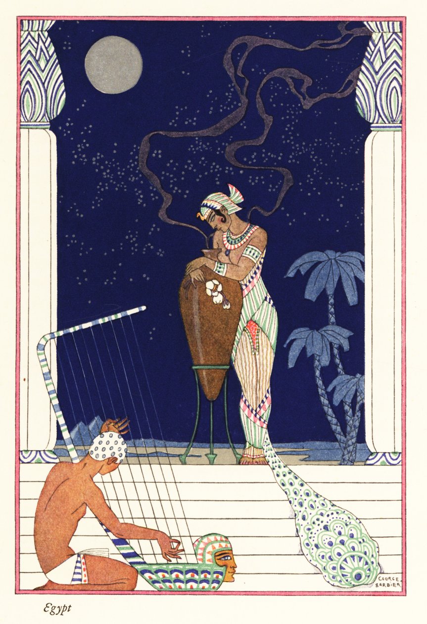 En dronning står og lugter brændt duft, oldtidens Egypten1928 (tryk) af Georges Barbier