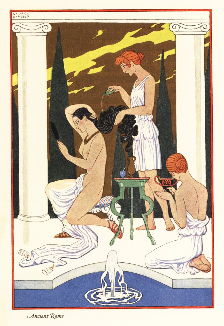 En slave hælder duftolie på sin elskerindes hår, oldtidens Rom 1928 (print) af Georges Barbier
