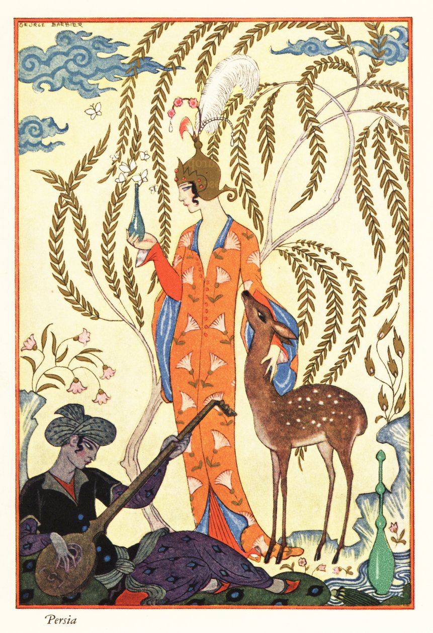 En kvinde holder en parfumeflaske, oldtidens Persien af Georges Barbier