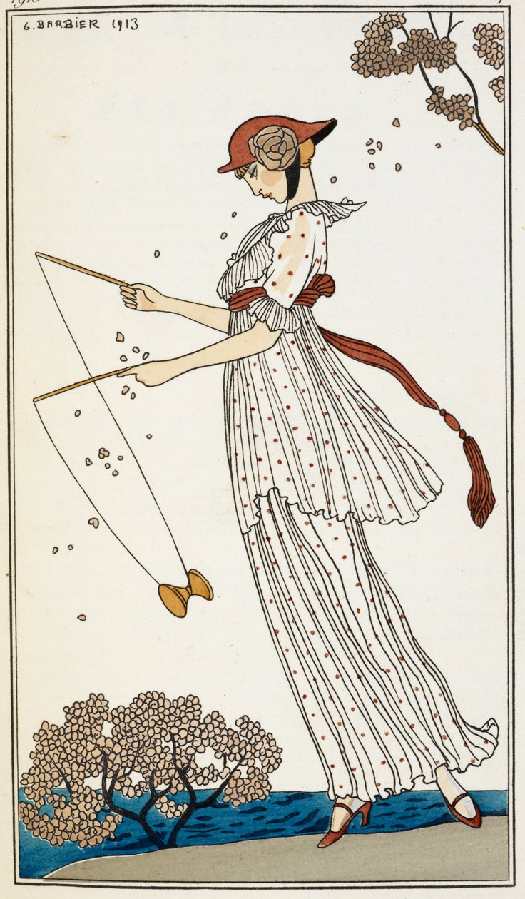 En kvinde iført en hvid linnedkjole med tryk, leger med et stykke legetøj af Georges Barbier