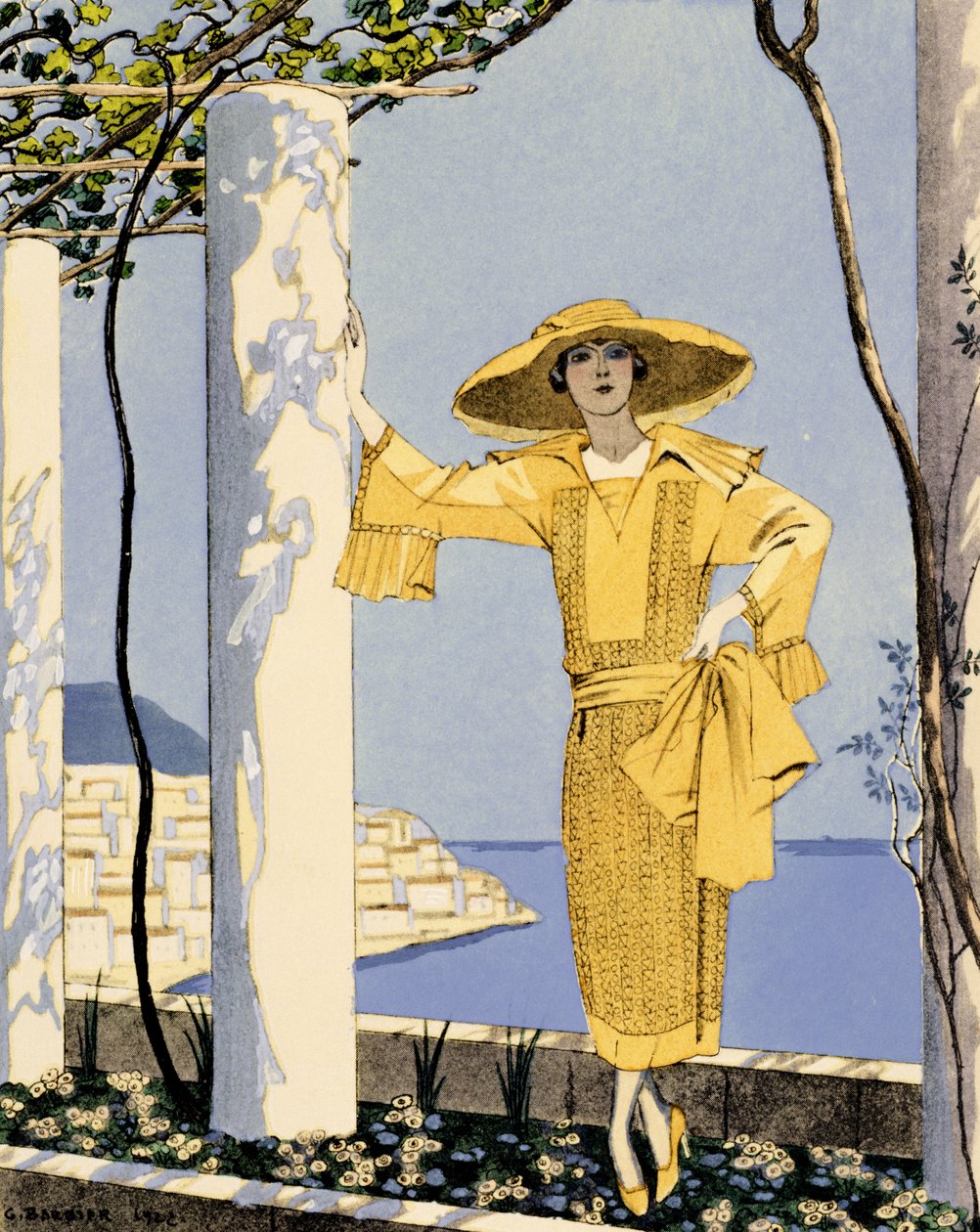 Amalfi, illustration af en kvinde i en gul kjole af Worth af Georges Barbier