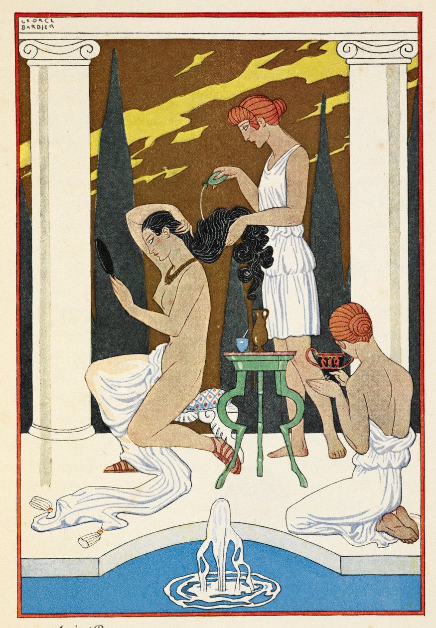 Det gamle Rom. En person, der får sit hår vasket af tjenere. af Georges Barbier