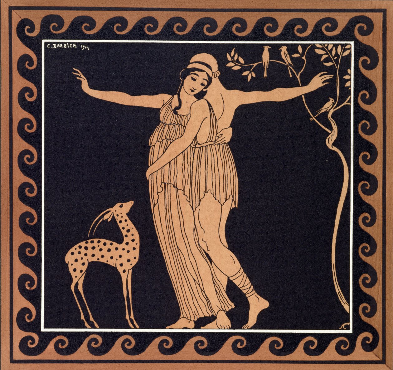 Balletscene med Tamara Karsavina (1885-1978) 1914 (pochoir print) af Georges Barbier