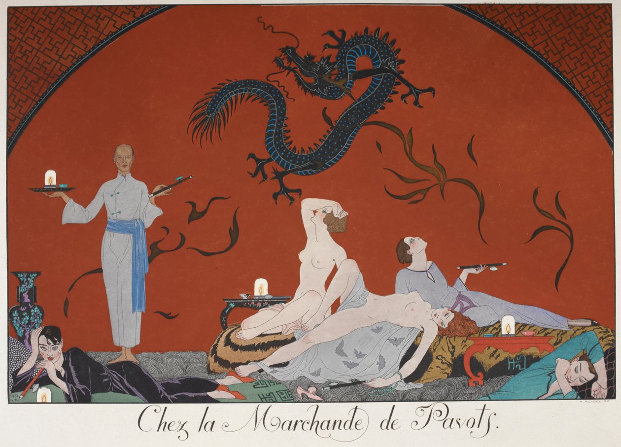 Chez la Marchande de Pasots. Folk, nogle nøgne, liggende i et rum. kinesisk dekoration. af Georges Barbier