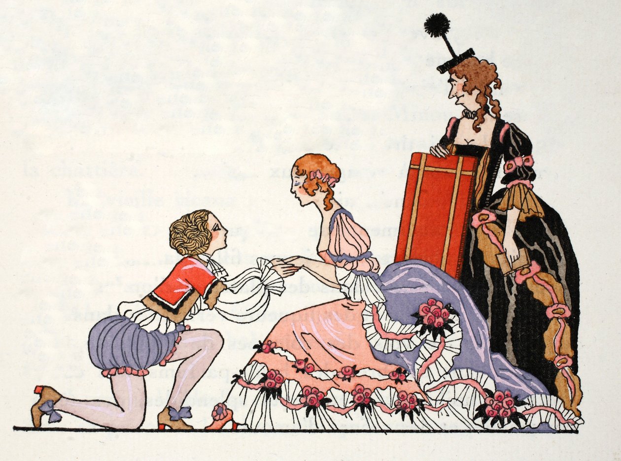 Askepot med Prince Charming, hendes stedmor ser på (pochoir print) af Georges Barbier