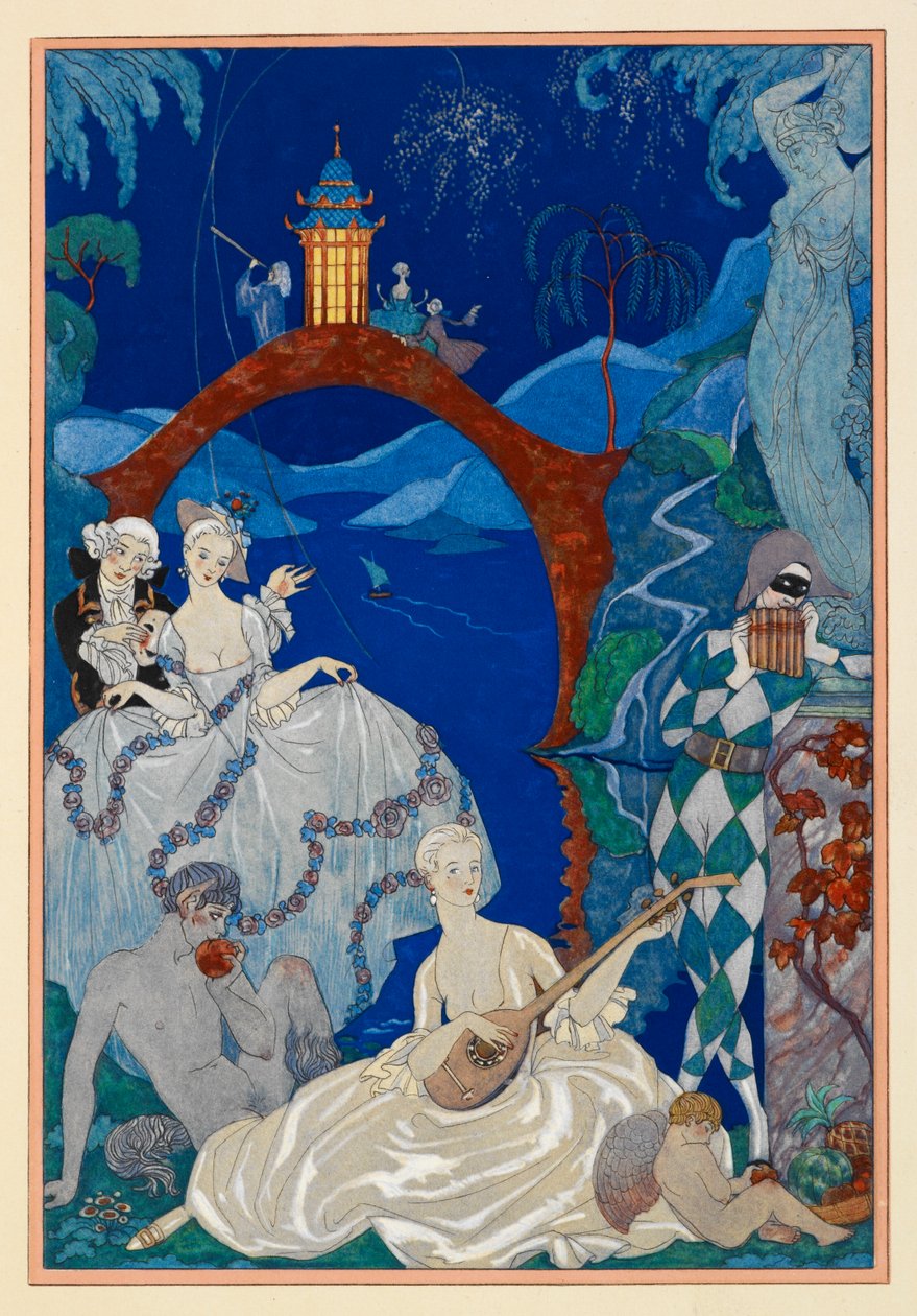Claire de Lune. En smuk kvinde, der spiller mandolin. En faun sidder ved siden af hende. En harlekin. Alt sammen i et landskab. af Georges Barbier