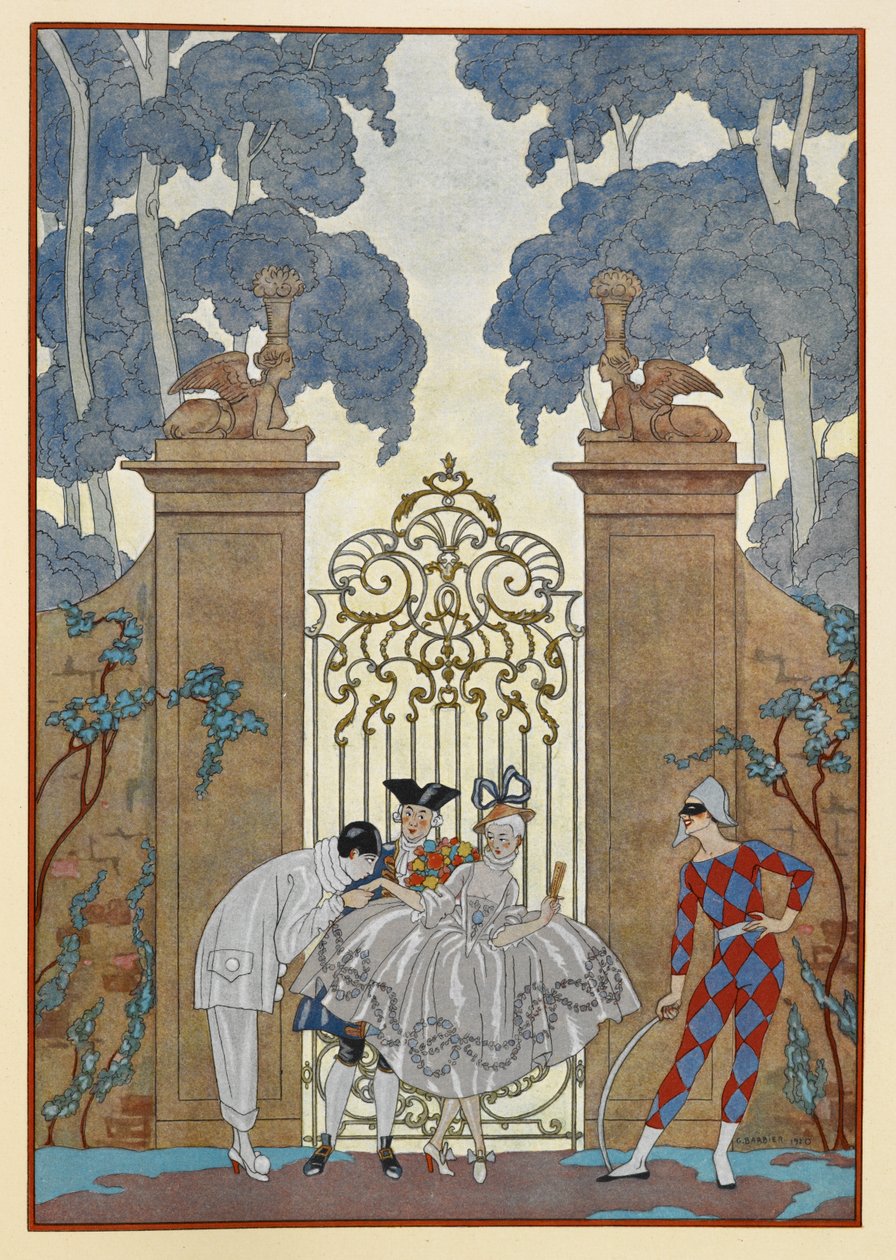 Colombine. Folk, der står uden for en port. En Pjerrot. af Georges Barbier