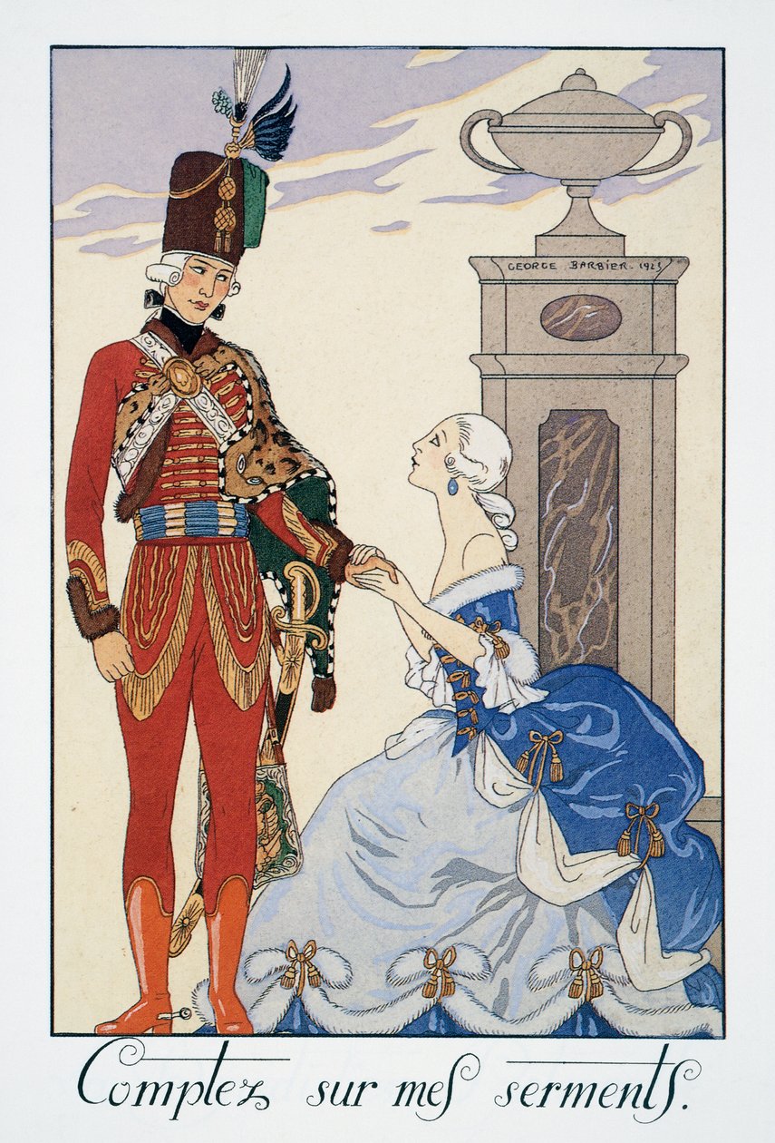 Stol på mine eder (jeg vil være dig tro), ungarsk husar, litografi af George Barbier (1882-1932), fra Falbalas et Fanfreluches, Almanach des Modes Presentes, Passees et Futures af Georges Barbier