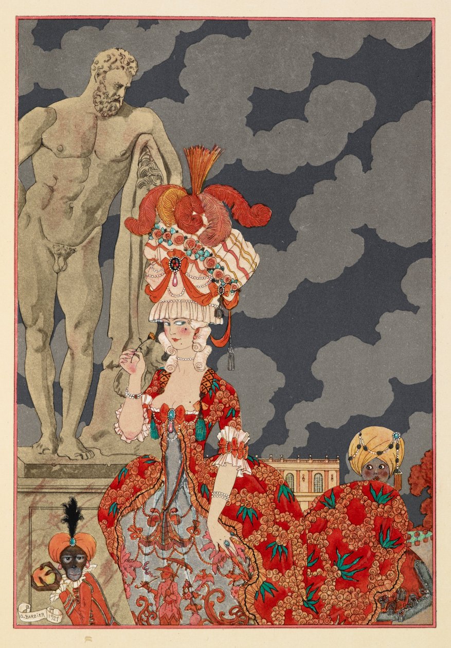 Cortège. En attraktiv kvinde iført en rød kjole og uddybe hvad. En lille abe og en dreng. af Georges Barbier