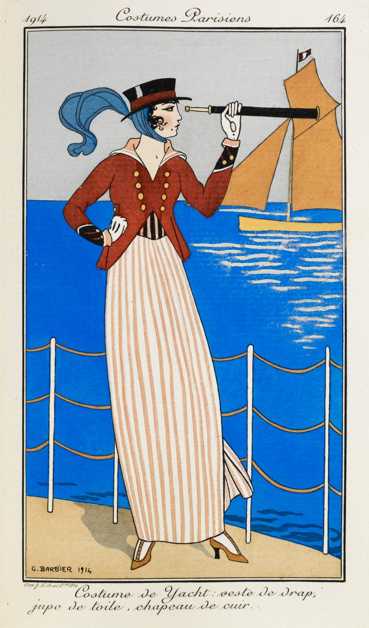 Yacht-kostume: veste de drap, jupe de toile, chapeau de cuir. En kvinde iført et yachtkostume: en rød stofjakke, stribet linned nederdel, en læderhat og et blåt tørklæde. Hun bruger et teleskop og peger på båden i baggrunden. Kostumer Parisiens. af Georges Barbier