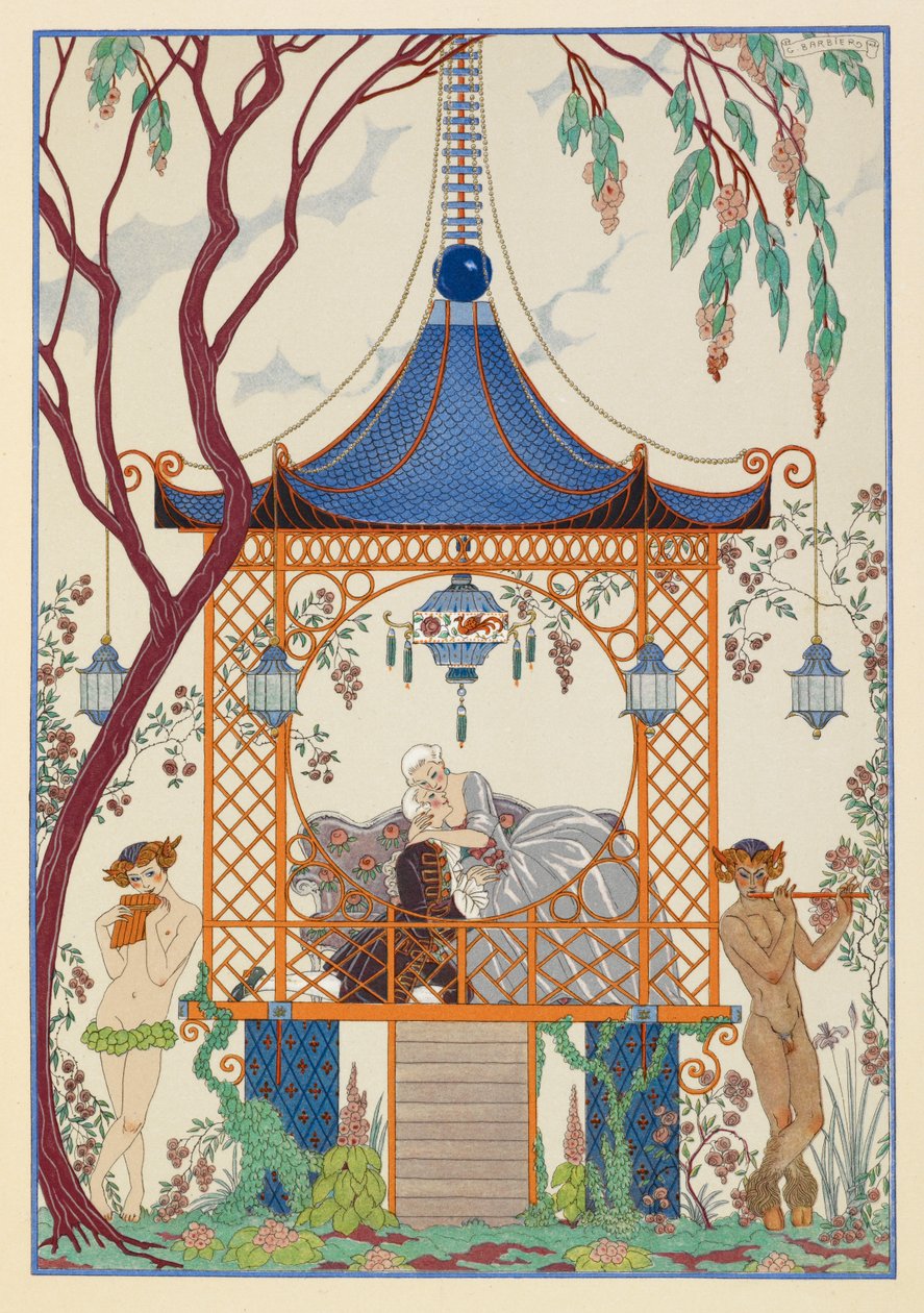 Cythère. En mand og kvinde i en pavillon, der omfavner hinanden. Mytiske væsner udenfor, der spiller piber. af Georges Barbier