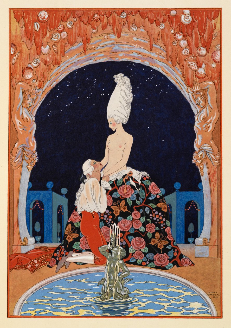 Dans la Grotte. En mand, der knæler foran en halvnøgen kvinde, ved et springvand. af Georges Barbier