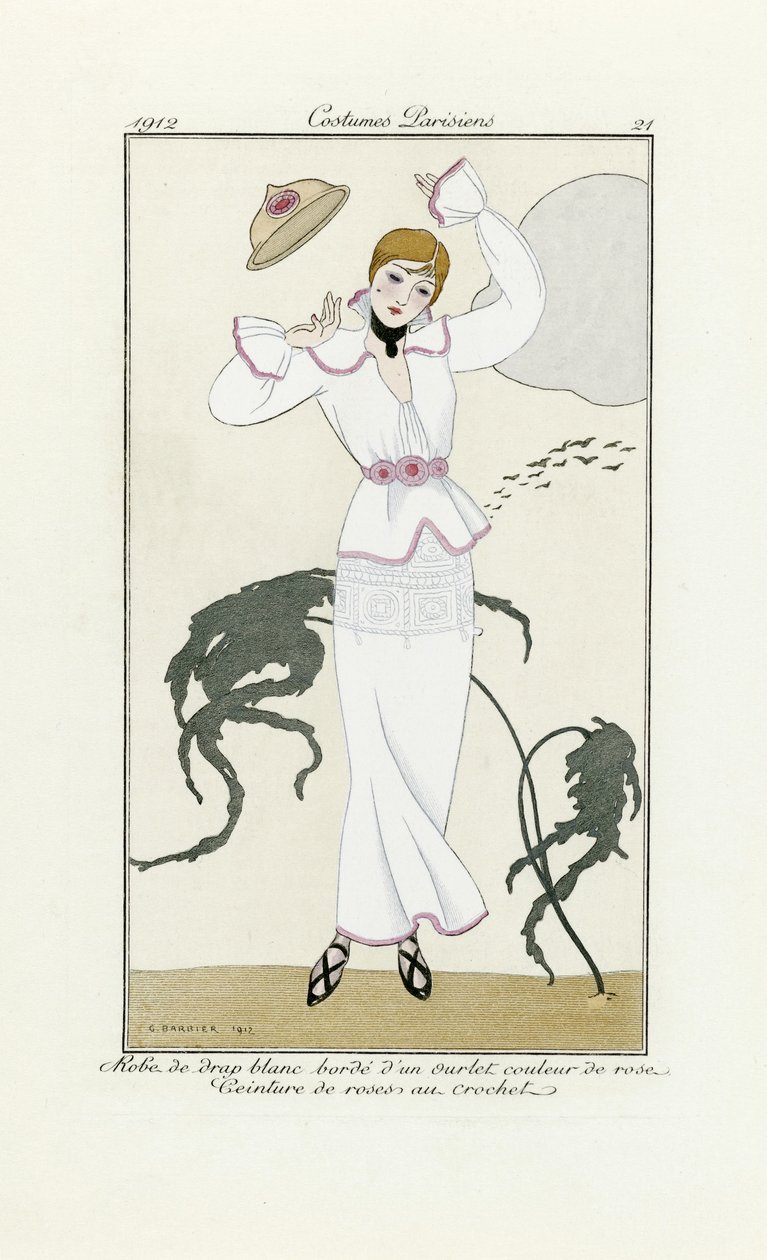 Design til hvid kjole med lyserøde trim og hæklet bælte, fra Costumes Parisien, pub.1912 (pochoir print) af Georges Barbier