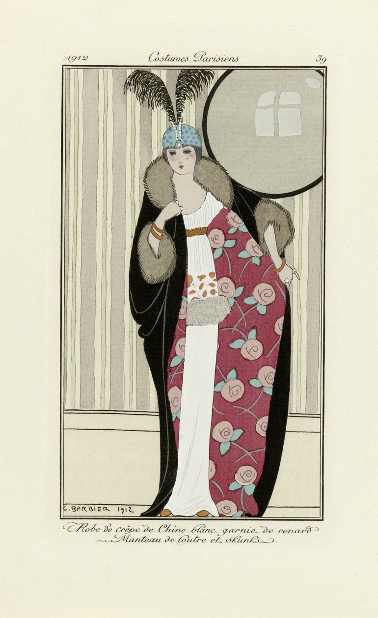 Design til kjole lavet af Crepe de Chine og Pelsfrakke, fra Costumes Parisien, pub.1912 (pochoir print) af Georges Barbier