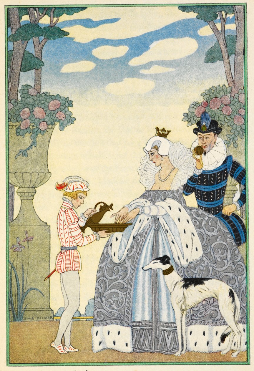 Elizabethanske England. En dame og herre og tjener. En mynde. af Georges Barbier