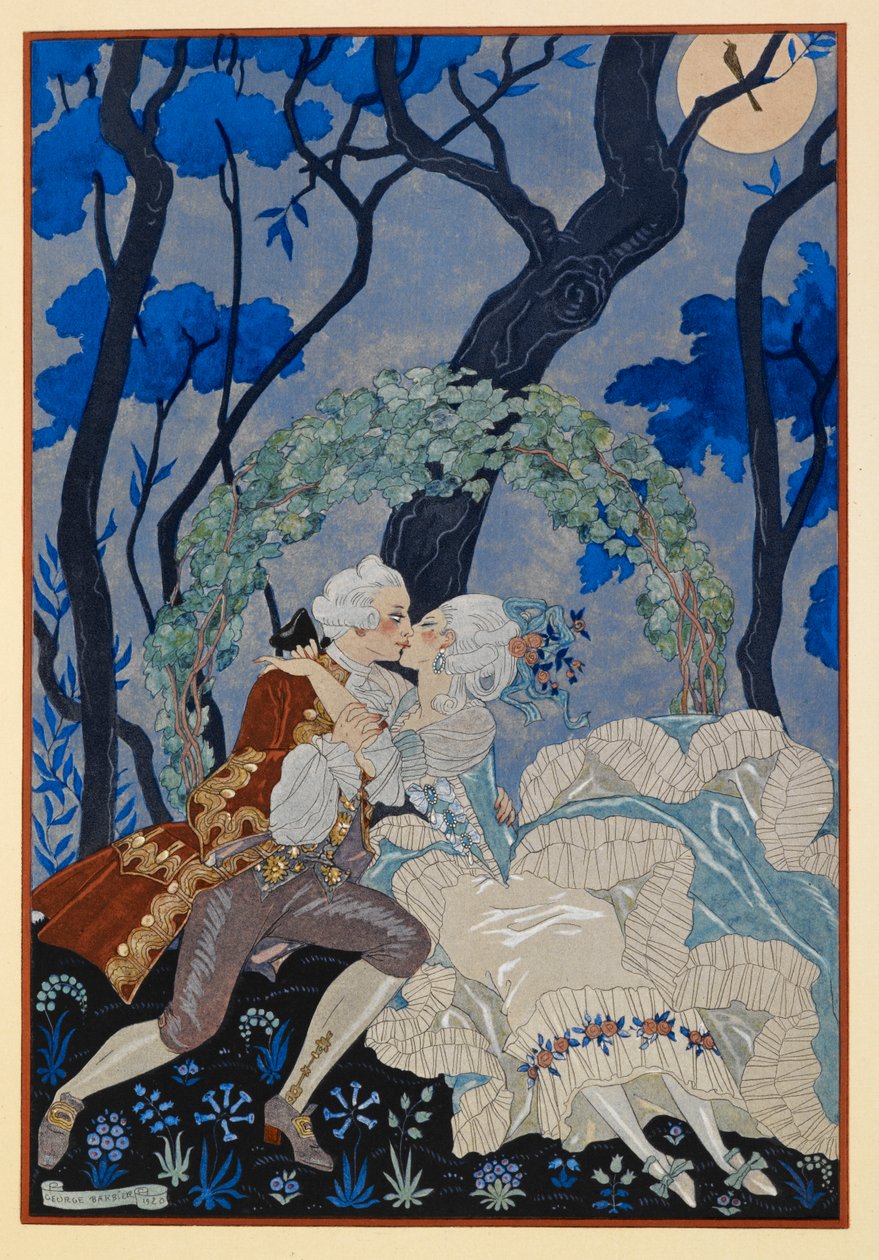 En Sourdine. En mand og kvinde kysser under måneskin. af Georges Barbier