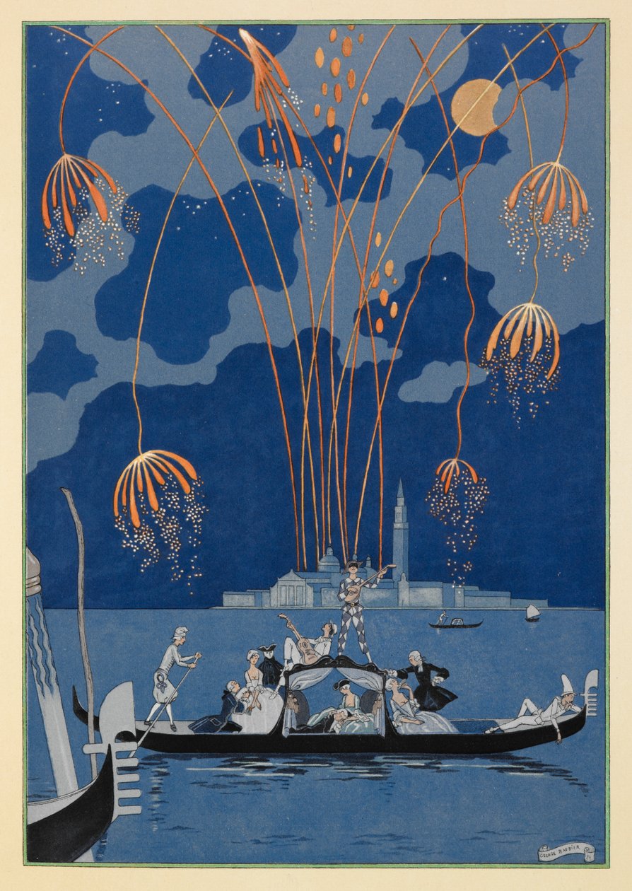 En bateau. Fyrværkeri i Venedig. Folk i en gondol. af Georges Barbier