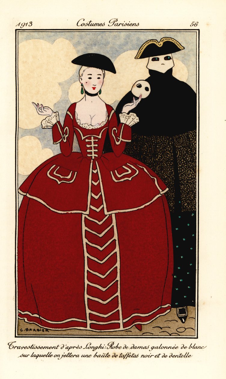 Fancy dress kostumer fra Longhi. Kvinde i damaskkjole trimmet med hvid, kappe af sort taft og blonder. Travesties efter Longhi: damaskkjole trimmet med hvidt, hvorpå vi vil smide en baiite af sort taft og blonder. Håndfarvet lomme af Georges Barbier