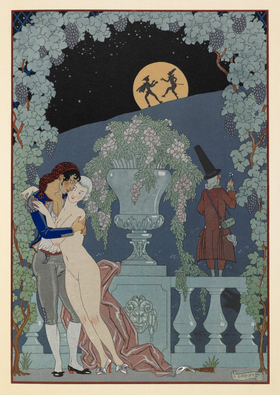 Fantoches. (Marionetter) fra Debussys Fêtes Galantes, Scaramouche og Pulcinelle. Mand omfavner en nøgen kvinde. To figurer i silhuet mod månen. af Georges Barbier