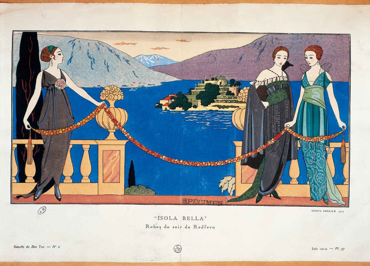 Modeplade af Georges Barbier forestiller damer i Redfern aftenkjole og Borromean Isola Bella i baggrunden Parisisk haute couture-tidsskrift Gazette du Bon Ton af Georges Barbier