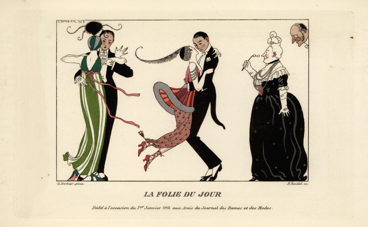Moderigtige par danser energisk ved et bal af Georges Barbier