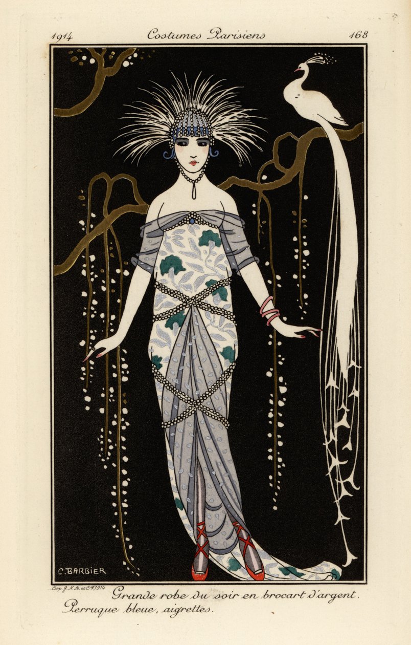 Flot aftenkjole i sølvbrokade, blå paryk og fjer. af Georges Barbier