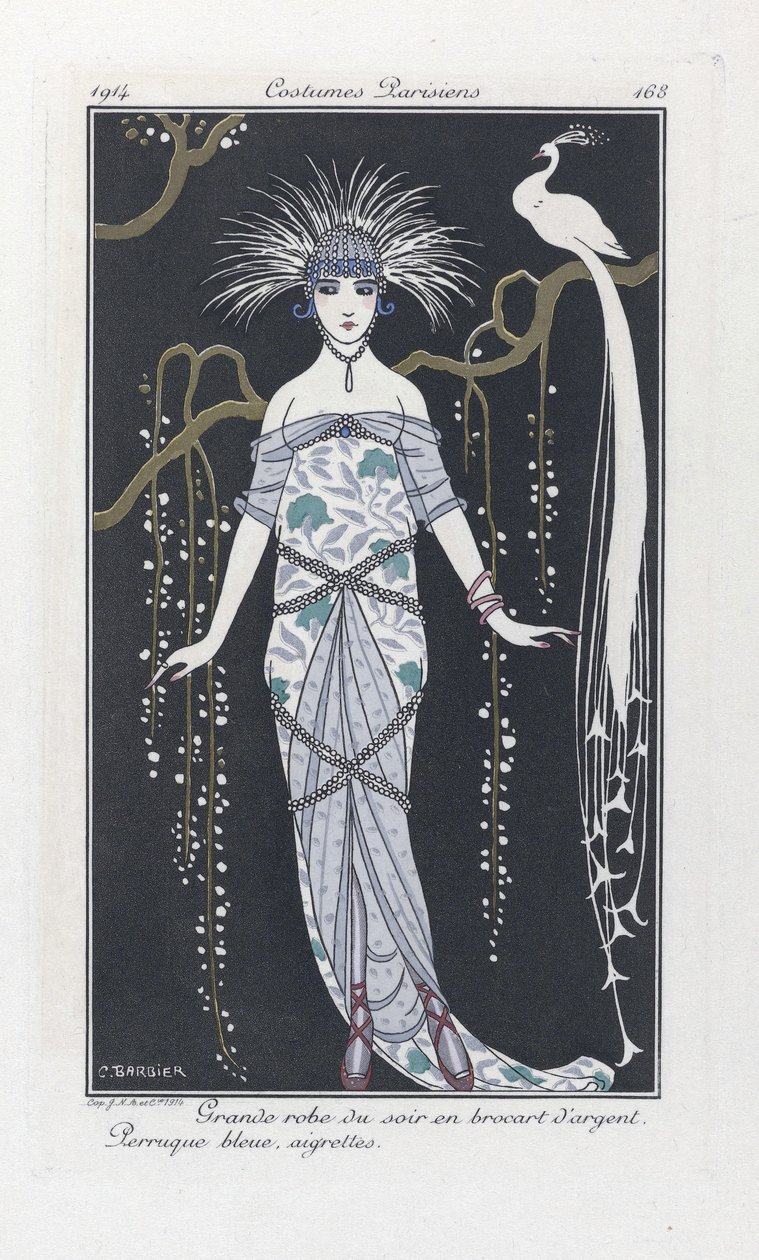 Stor aftenkjole i sølvbrokade. Blå paryk, våbenskjolde, fra Costumes Parisiens, pub.1914 (stenciltryk) af Georges Barbier