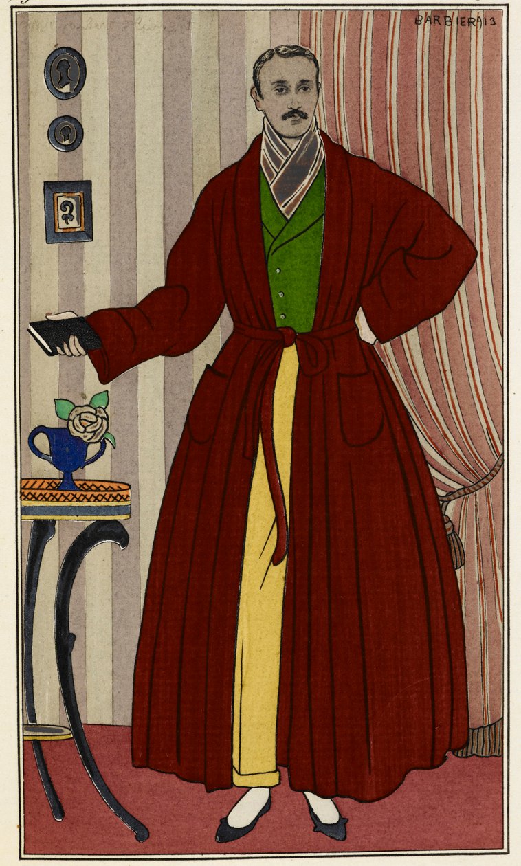 Mand i morgenkåbe. Illustration af George Barbier (1882-1932), hentet fra Journal des dames et des modes. Paris 1912-1914. The British Library Institution, Reference Shelfmark ID: P.P.5242.dc, pl.96, modsat side 16. Mand iført et omklædningsrum af Georges Barbier