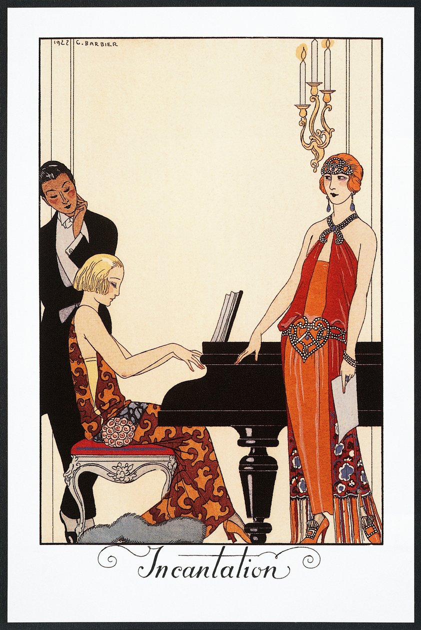Incantation, pianist og kvinde klædt i aftenkjoler, illustration fra Falbalas et Fanfreluches, Almanak fra 1923 af Georges Barbier