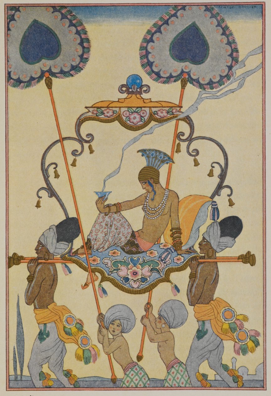 Indien. En person, der bliver båret i et kuld. af Georges Barbier