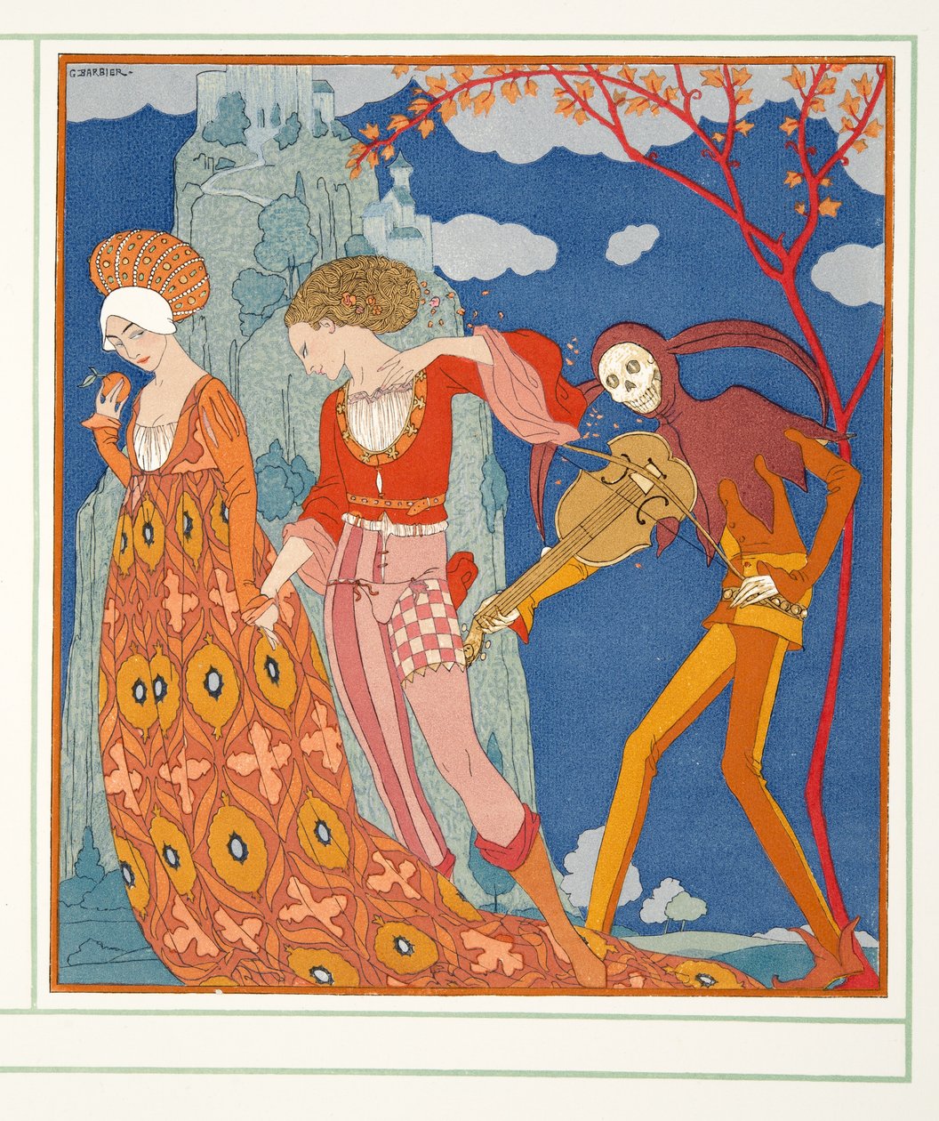 Love, Desire, and Death, fra Personages de Comedie, pub. 1922 (stenciltryk) af Georges Barbier