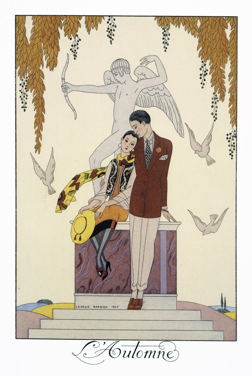 Efterår, litografi af George Barbier (1882-1932), fra Falbalas et Fanfreluches, Almanach des Modes Presentes, Passees et Futures af Georges Barbier